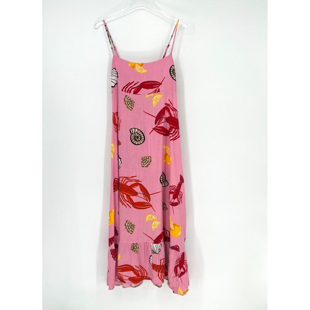 Label of Love Lobster Dress Womens M Pink Midi Boutique Vacation Travel Linen